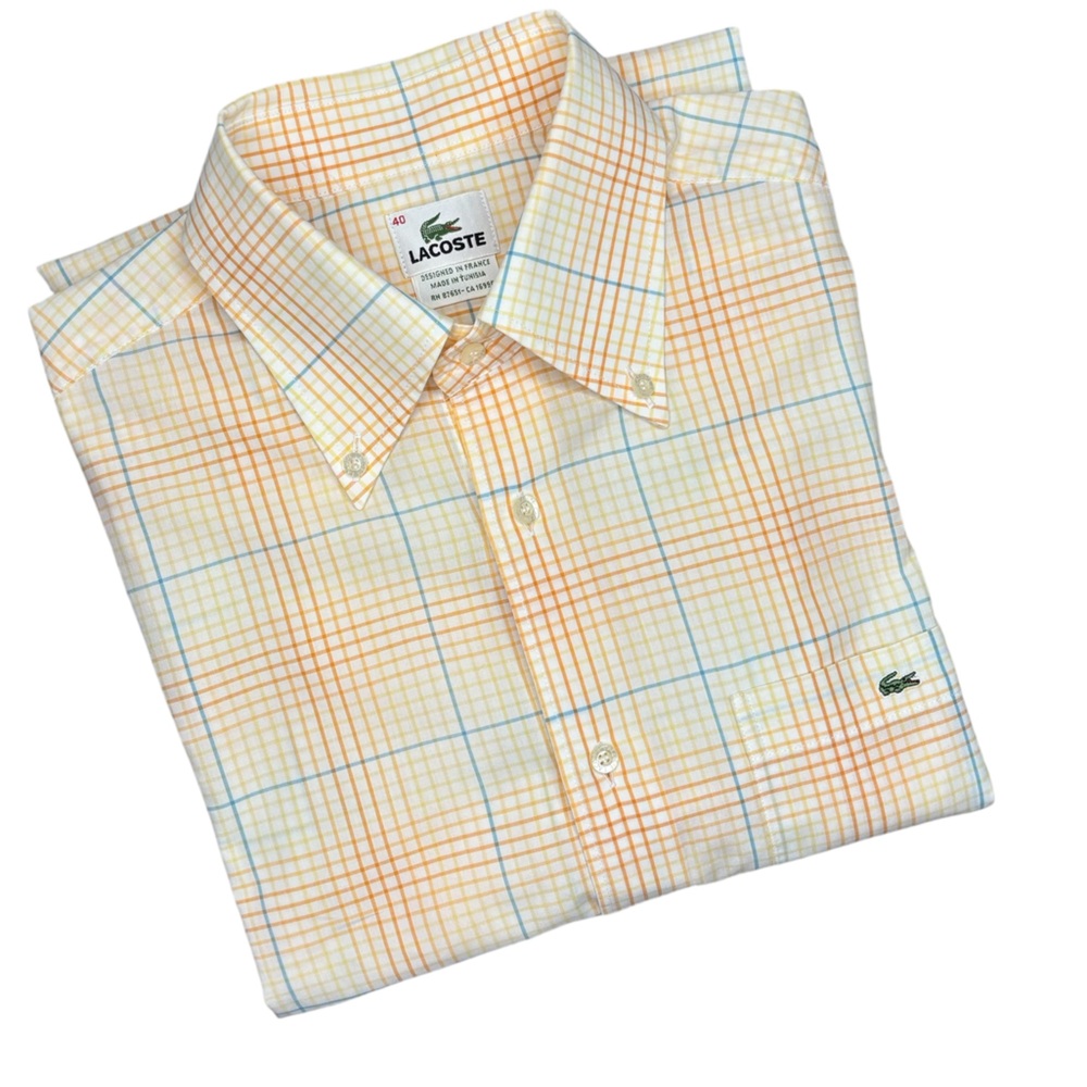 LACOSTE button down collar dress shirt cotton pale yellow plaid 17.5 XL